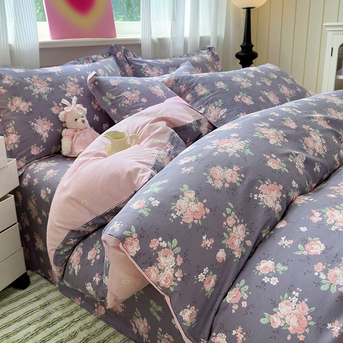 91家纺网 家纺一手货源 找家纺 拾物记 2025新款A类12868全棉纯棉四件套-提供买家秀和质检报告 幸福花儿-紫