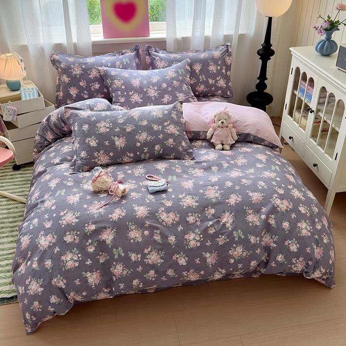 91家纺网 家纺一手货源 找家纺 拾物记 2025新款A类12868全棉纯棉四件套-提供买家秀和质检报告 幸福花儿-紫