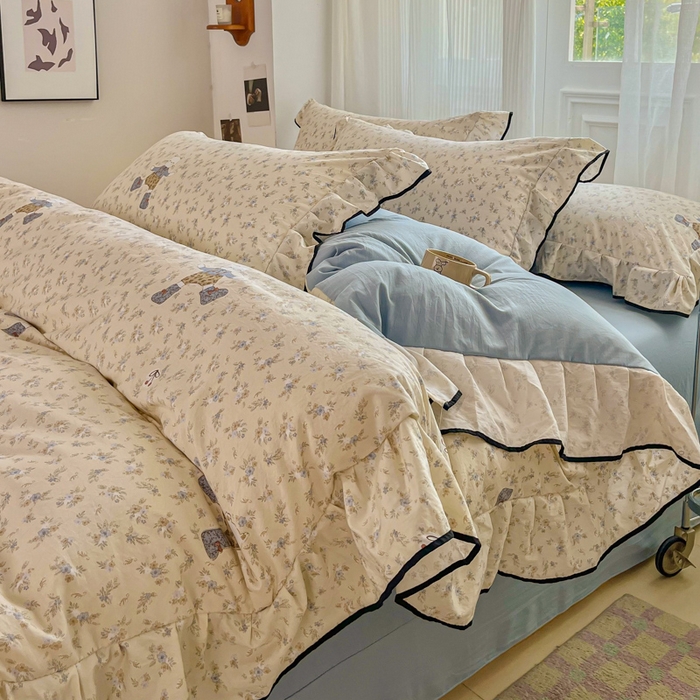 91家纺网 家纺一手货源 找家纺 （总）斯卡诺家纺 2025秋冬法式花边古法水洗棉云感棉床盖四件套花边被套床单款