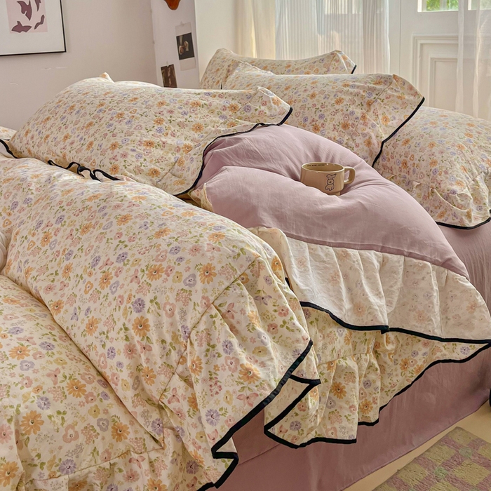 91家纺网 家纺一手货源 找家纺 （总）斯卡诺家纺 2025秋冬法式花边古法水洗棉云感棉床盖四件套花边被套床单款