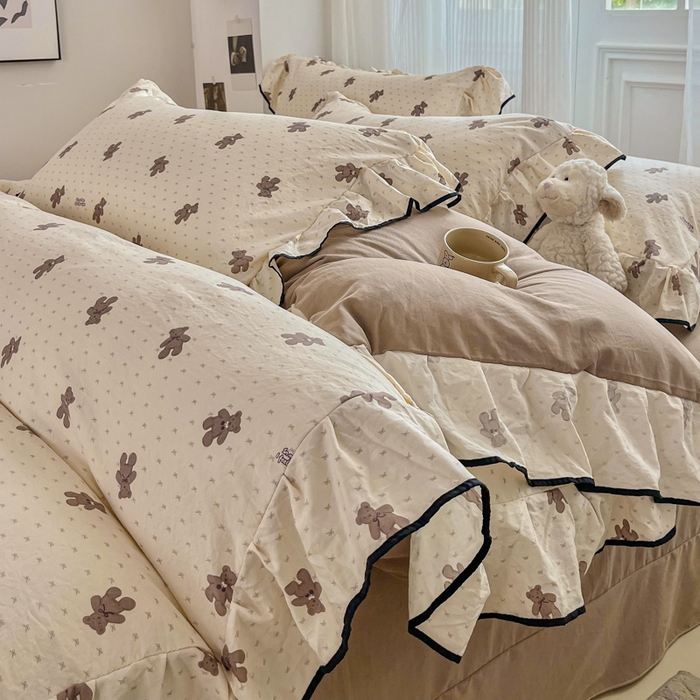 91家纺网 家纺一手货源 找家纺 （总）斯卡诺家纺 2025秋冬法式花边古法水洗棉云感棉床盖四件套花边被套床单款