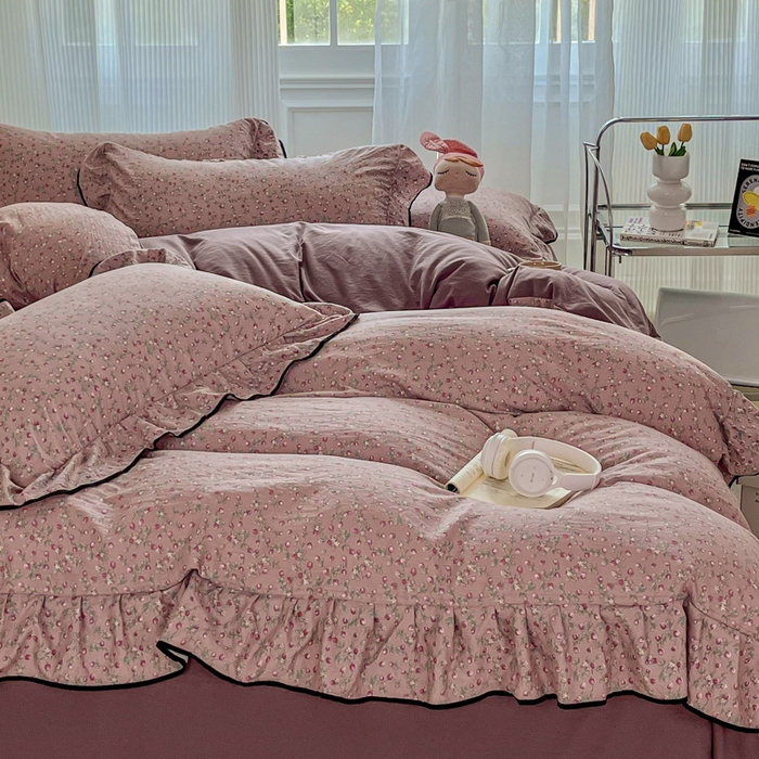 91家纺网 家纺一手货源 找家纺 （总）斯卡诺家纺 2025秋冬法式花边古法水洗棉云感棉床盖四件套花边被套床单款