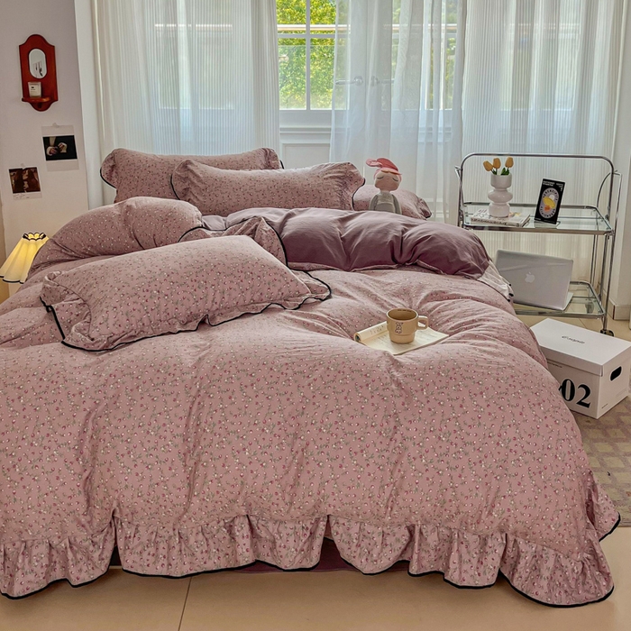 91家纺网 家纺一手货源 找家纺 （总）斯卡诺家纺 2025秋冬法式花边古法水洗棉云感棉床盖四件套花边被套床单款