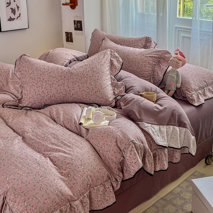 91家纺网 家纺一手货源 找家纺 （总）斯卡诺家纺 2025秋冬法式花边古法水洗棉云感棉床盖四件套花边被套床单款