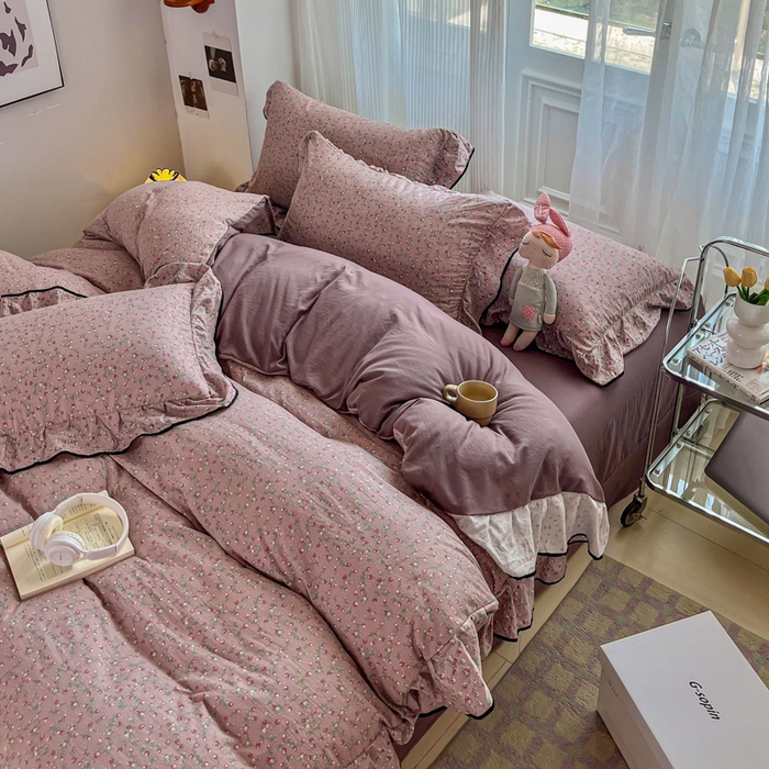 91家纺网 家纺一手货源 找家纺 （总）斯卡诺家纺 2025秋冬法式花边古法水洗棉云感棉床盖四件套花边被套床单款