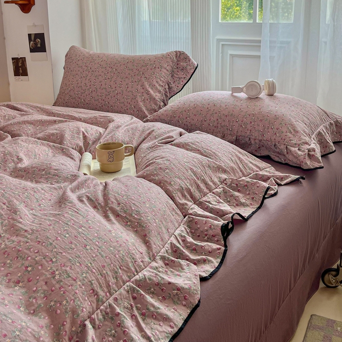 91家纺网 家纺一手货源 找家纺 （总）斯卡诺家纺 2025秋冬法式花边古法水洗棉云感棉床盖四件套花边被套床单款