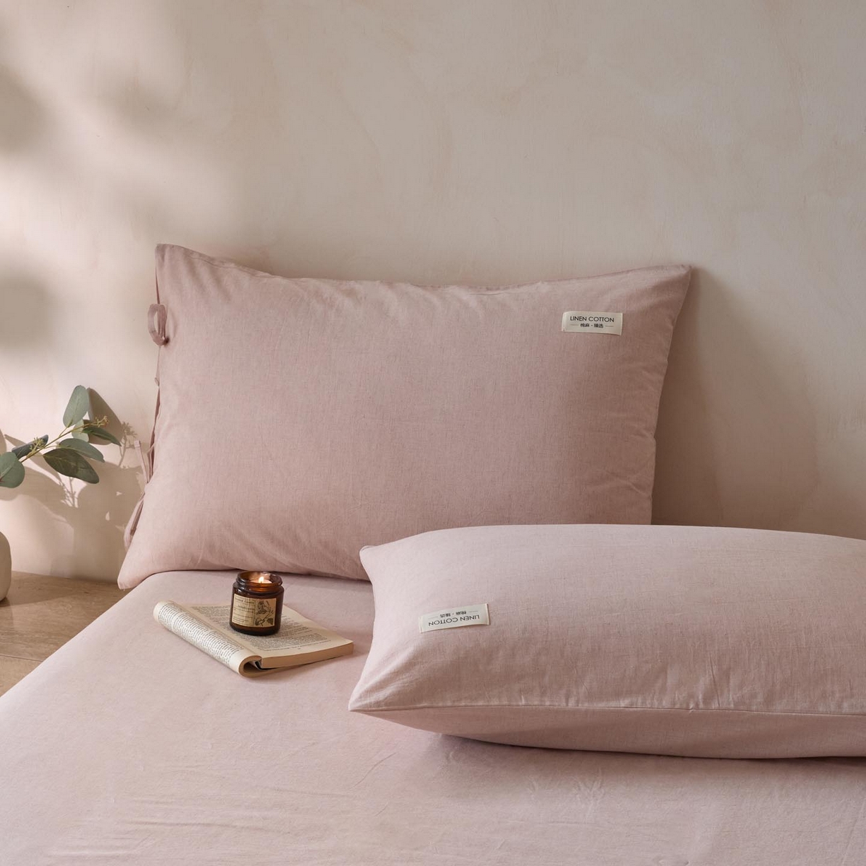 91家纺网 家纺一手货源 找家纺 涵宸家纺 2025新款色织棉麻四件套系列-单枕套 棉麻-浅粉