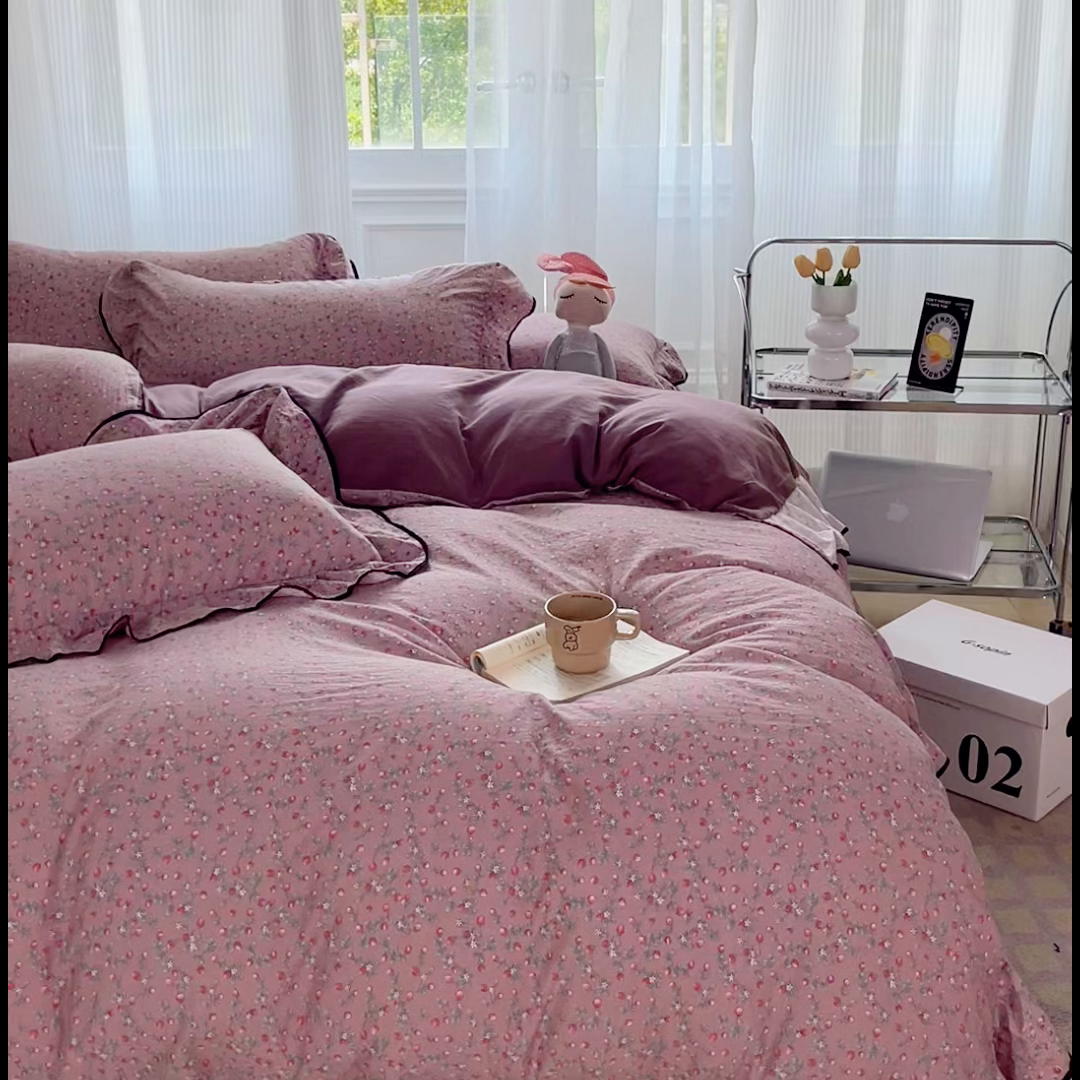 91家纺网 家纺一手货源 找家纺 （总）斯卡诺家纺 2025秋冬法式花边古法水洗棉云感棉床盖四件套花边被套床单款