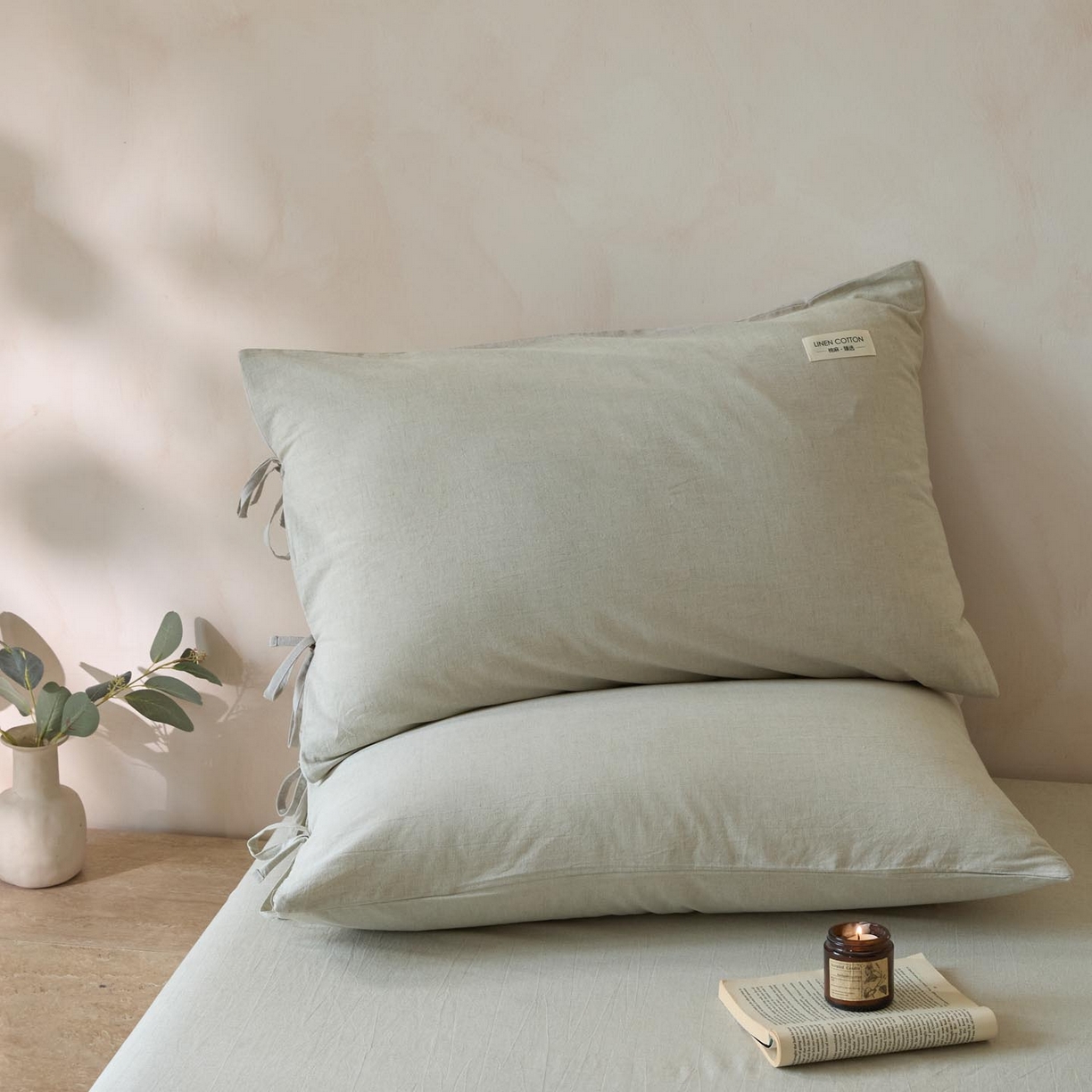 91家纺网 家纺一手货源 找家纺 涵宸家纺 2025新款色织棉麻四件套系列-单枕套 棉麻-浅绿