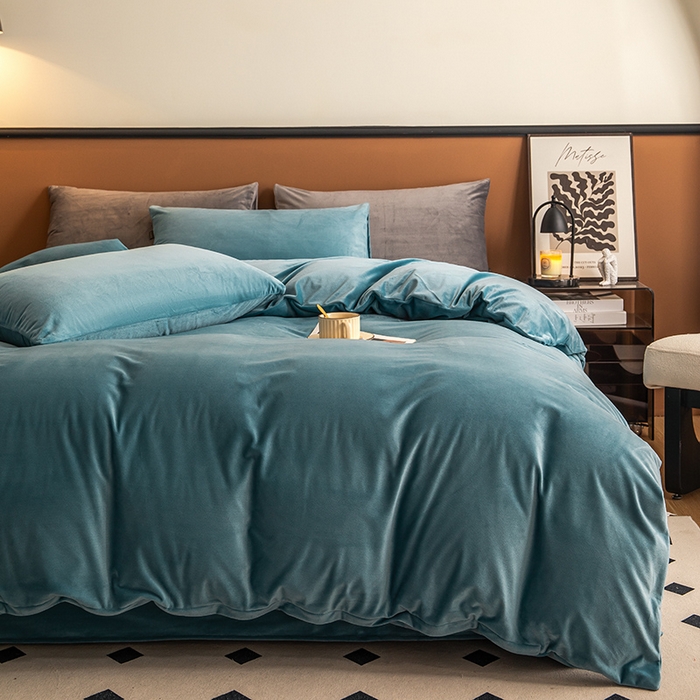 91家纺网 家纺一手货源 找家纺 蓝梦 2025新款A类加厚保暖纯色双拼婴儿绒宝宝绒四件套 宝石蓝