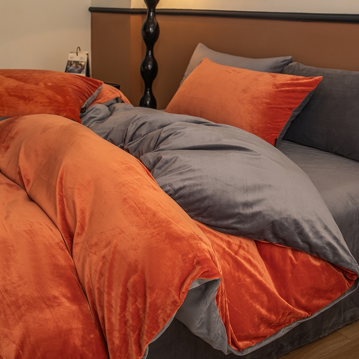 91家纺网 家纺一手货源 找家纺 蓝梦 2025新款A类加厚保暖纯色双拼婴儿绒宝宝绒四件套 爱马橙+深灰