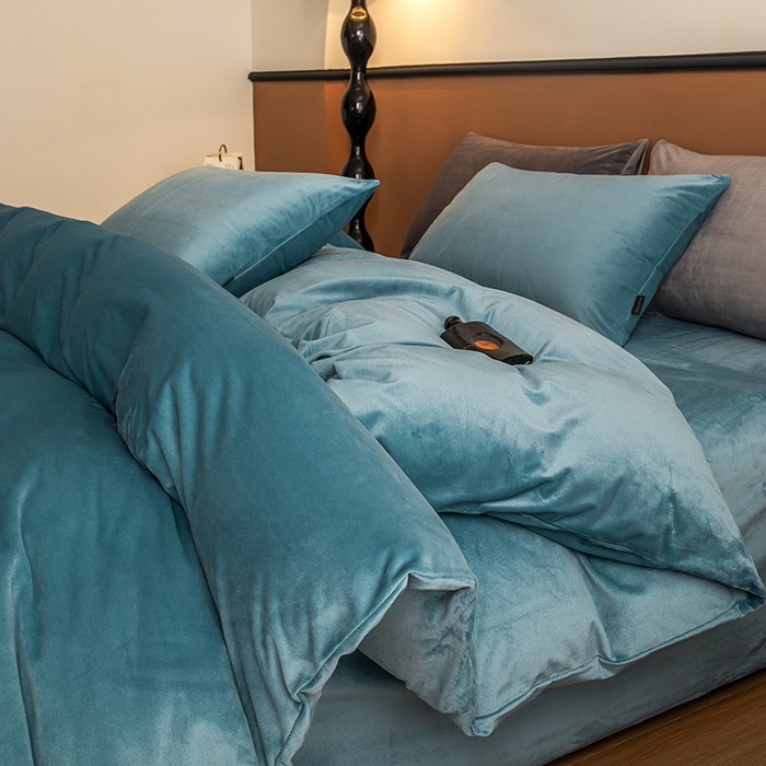 91家纺网 家纺一手货源 找家纺 蓝梦 2025新款A类加厚保暖纯色双拼婴儿绒宝宝绒四件套 宝石蓝