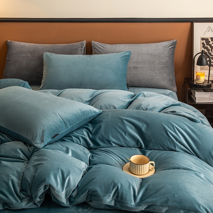 91家纺网 家纺一手货源 找家纺 蓝梦 2025新款A类加厚保暖纯色双拼婴儿绒宝宝绒四件套 宝石蓝