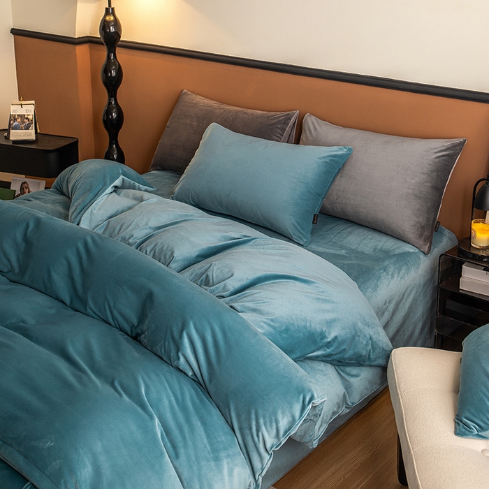 91家纺网 家纺一手货源 找家纺 蓝梦 2025新款A类加厚保暖纯色双拼婴儿绒宝宝绒四件套 宝石蓝