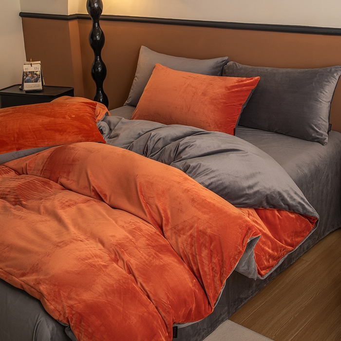 91家纺网 家纺一手货源 找家纺 蓝梦 2025新款A类加厚保暖纯色双拼婴儿绒宝宝绒四件套 爱马橙+深灰