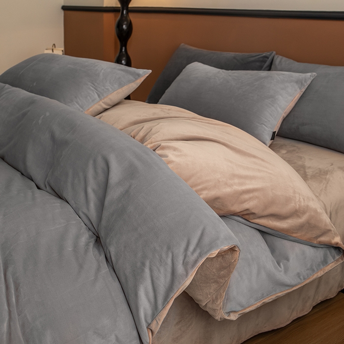 蓝梦 2025新款A类加厚保暖纯色双拼婴儿绒宝宝绒四件套 时尚灰+奶咖