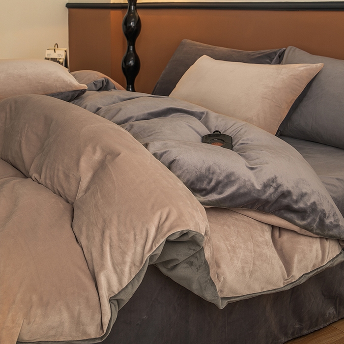 蓝梦 2025新款A类加厚保暖纯色双拼婴儿绒宝宝绒四件套 奶咖+火山灰