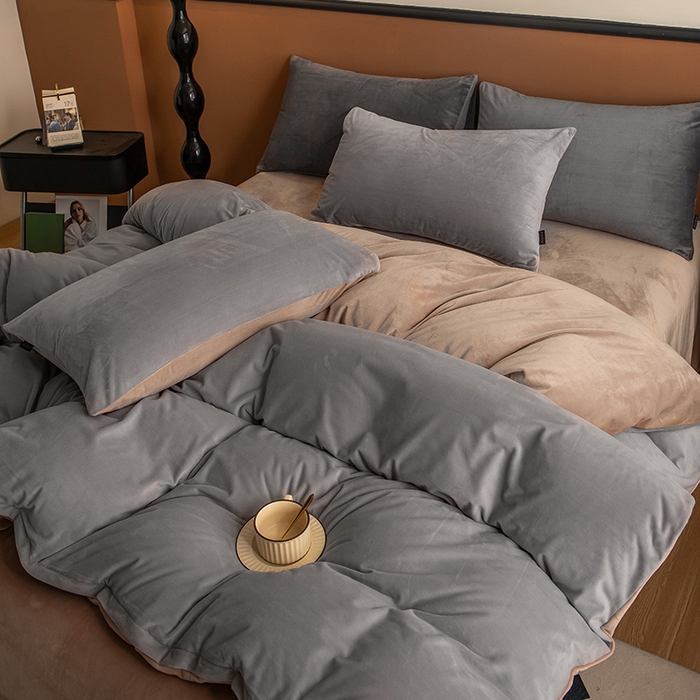 91家纺网 家纺一手货源 找家纺 蓝梦 2025新款A类加厚保暖纯色双拼婴儿绒宝宝绒四件套 时尚灰+奶咖