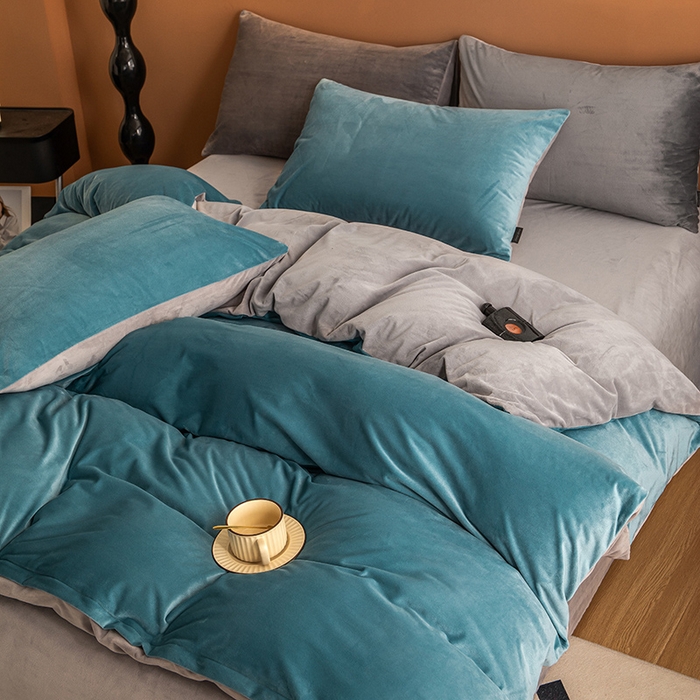 91家纺网 家纺一手货源 找家纺 蓝梦 2025新款A类加厚保暖纯色双拼婴儿绒宝宝绒四件套 宝石蓝+时尚灰