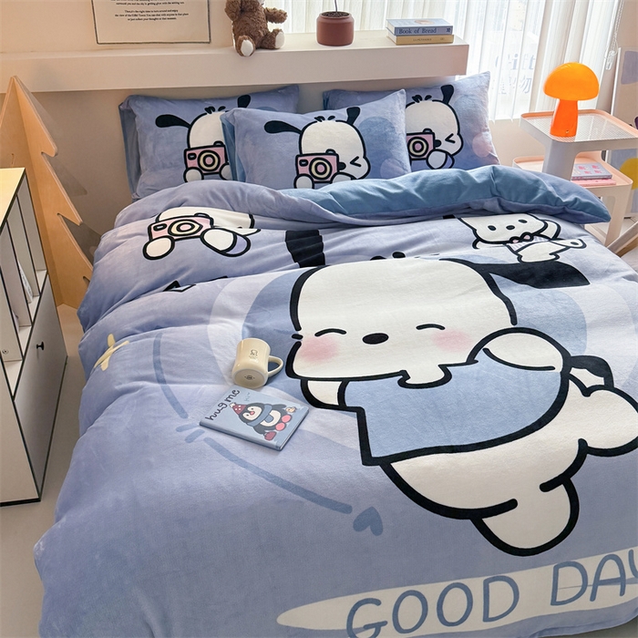 91家纺网 家纺一手货源 找家纺 蓝梦 2025新款加厚牛奶绒大版卡通印花四件套 机灵狗狗