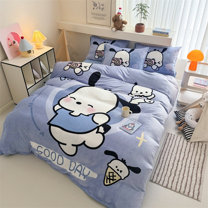 91家纺网 家纺一手货源 找家纺 蓝梦 2025新款加厚牛奶绒大版卡通印花四件套 机灵狗狗