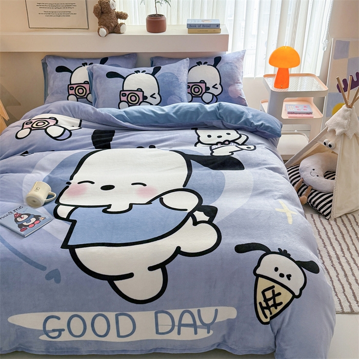 91家纺网 家纺一手货源 找家纺 蓝梦 2025新款加厚牛奶绒大版卡通印花四件套 机灵狗狗