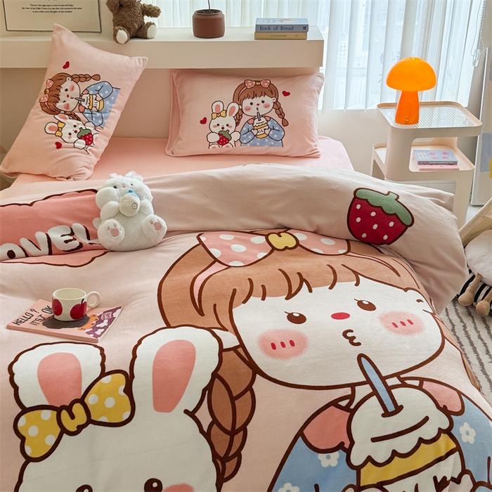 91家纺网 家纺一手货源 找家纺 蓝梦 2025新款加厚牛奶绒大版卡通印花四件套 女孩与兔