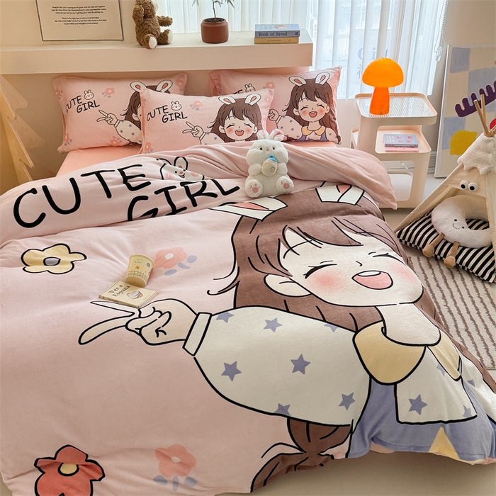 91家纺网 家纺一手货源 找家纺 蓝梦 2025新款加厚牛奶绒大版卡通印花四件套 活泼女孩