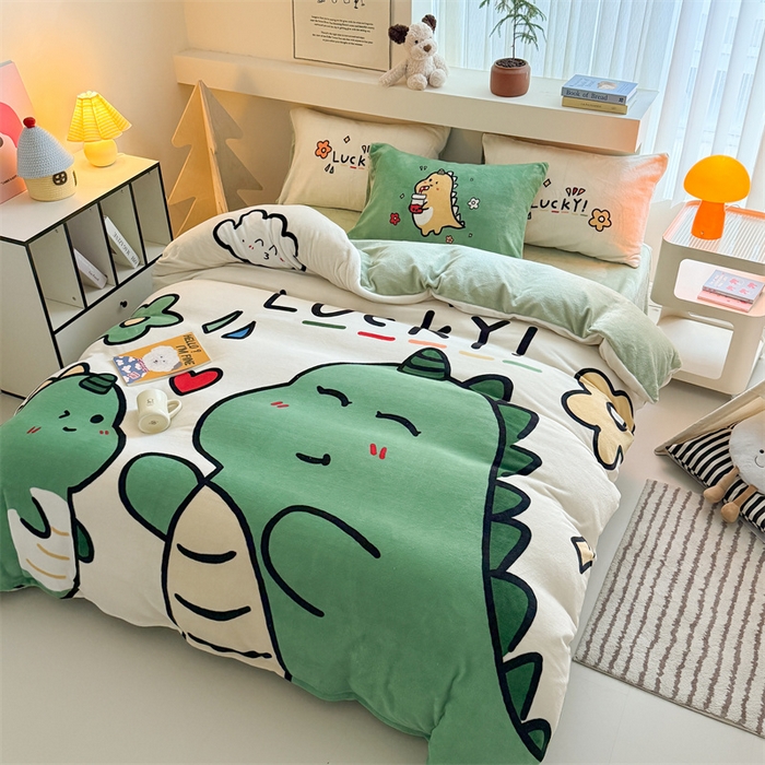 91家纺网 家纺一手货源 找家纺 蓝梦 2025新款加厚牛奶绒大版卡通印花四件套 友爱龙龙