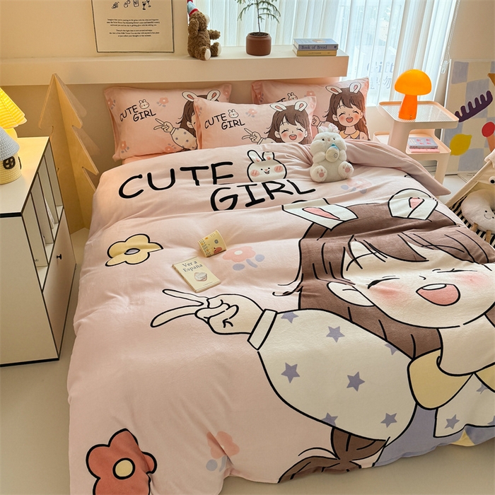 91家纺网 家纺一手货源 找家纺 蓝梦 2025新款加厚牛奶绒大版卡通印花四件套 活泼女孩