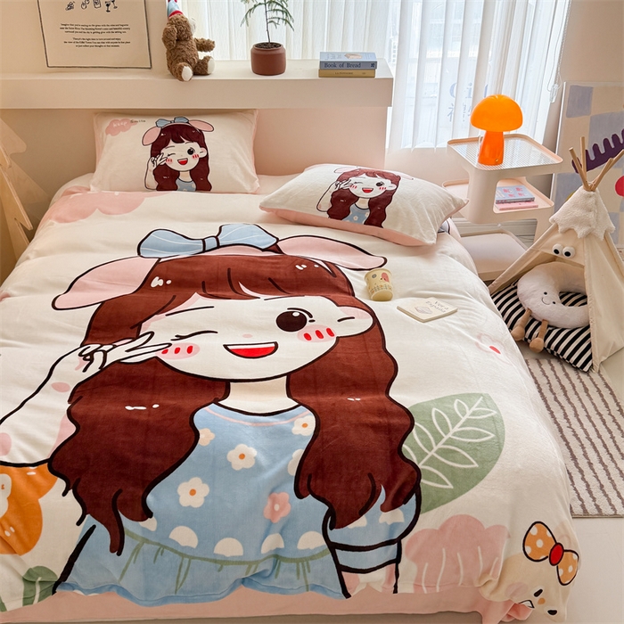 91家纺网 家纺一手货源 找家纺 蓝梦 2025新款加厚牛奶绒大版卡通印花四件套 可爱女孩