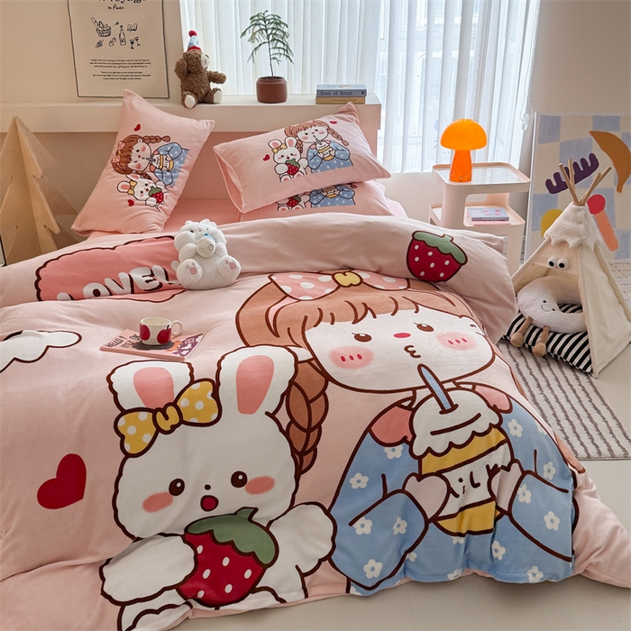 91家纺网 家纺一手货源 找家纺 蓝梦 2025新款加厚牛奶绒大版卡通印花四件套 女孩与兔