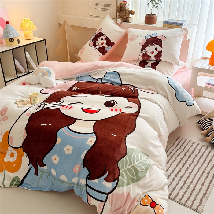 91家纺网 家纺一手货源 找家纺 蓝梦 2025新款加厚牛奶绒大版卡通印花四件套 可爱女孩