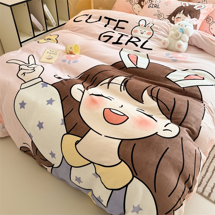 蓝梦 2025新款加厚牛奶绒大版卡通印花四件套 活泼女孩