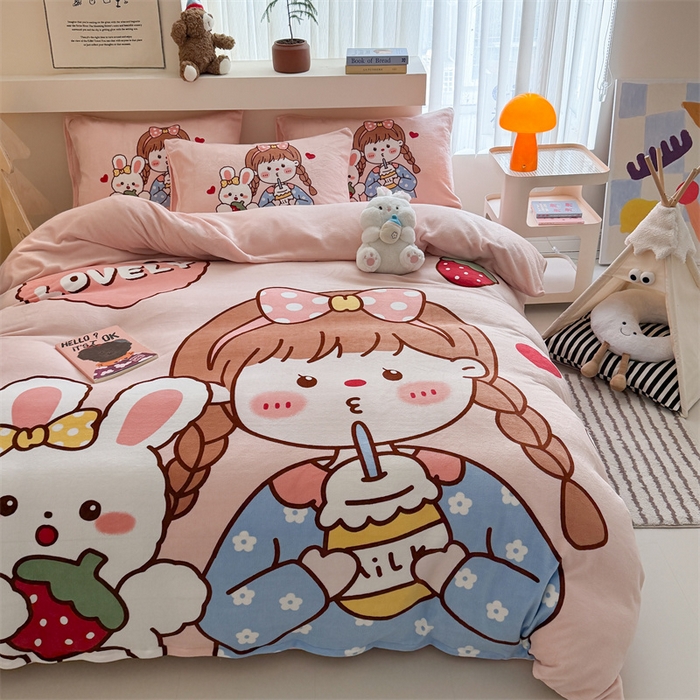 91家纺网 家纺一手货源 找家纺 蓝梦 2025新款加厚牛奶绒大版卡通印花四件套 女孩与兔