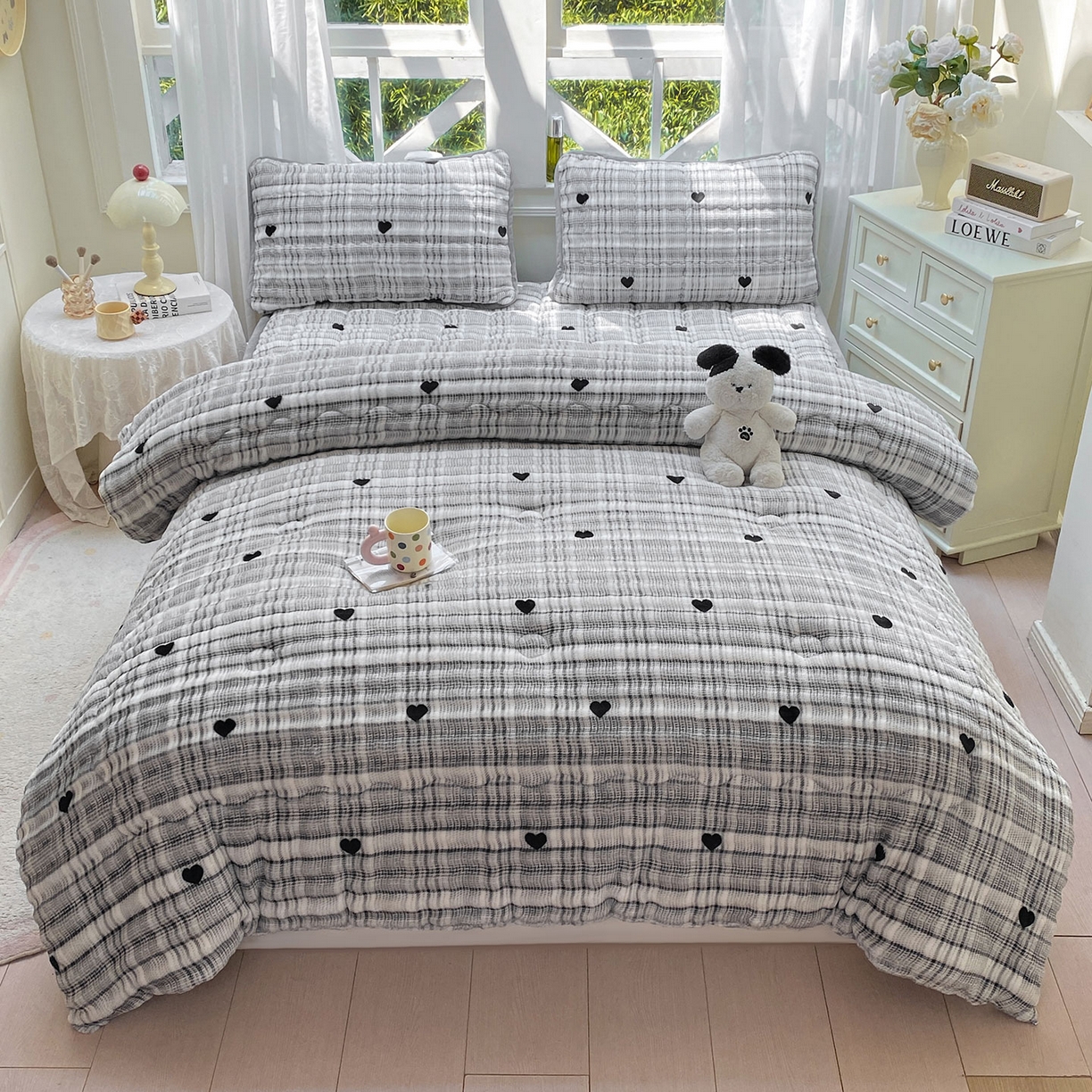 91家纺网 家纺一手货源 找家纺 眠势力 2025新款兔兔绒豆豆被子冬被芯加绒兔毛绒加厚保暖被褥 格子爱心【兔兔绒豆豆被】