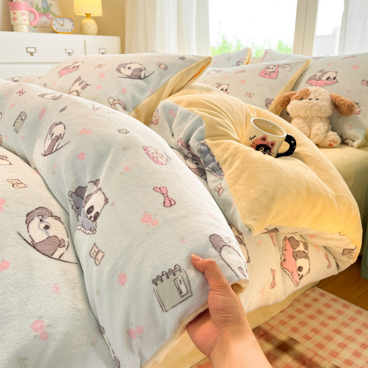 云棉坊 2025新款高克重卡通牛奶绒四件套-印花系列 打趣熊猫