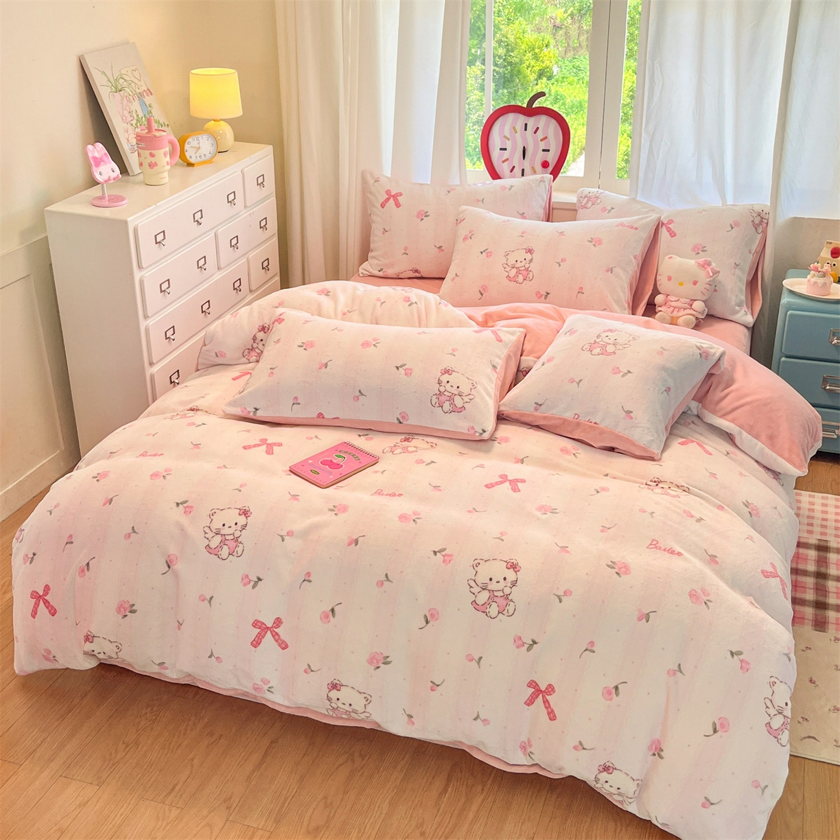 91家纺网 家纺一手货源 找家纺 云棉坊 2025新款高克重卡通牛奶绒四件套-印花系列 粉色kt