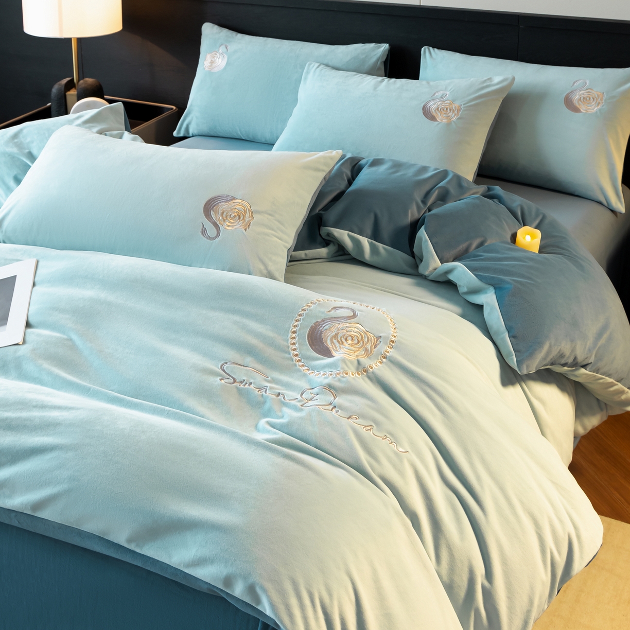 91家纺网 家纺一手货源 找家纺 （总）如一 2025新款水晶绒双拼刺绣四件套天鹅系列