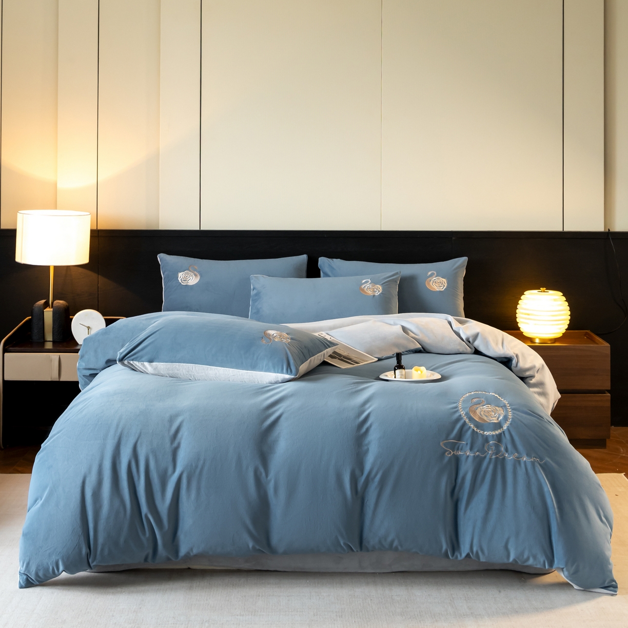 91家纺网 家纺一手货源 找家纺 如一 2025新款水晶绒双拼刺绣四件套天鹅系列 天鹅-宾利蓝