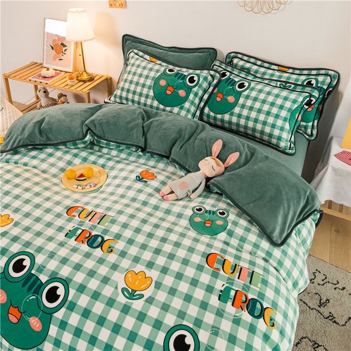 琪格格纺织 2025新款A牛奶绒B兔兔绒保暖印花四件套 牛奶绒泡泡蛙一