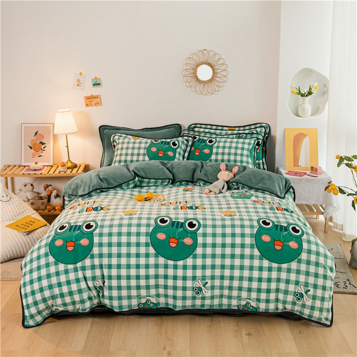 91家纺网 家纺一手货源 找家纺 琪格格纺织 2025新款A牛奶绒B兔兔绒保暖印花四件套 牛奶绒泡泡蛙一