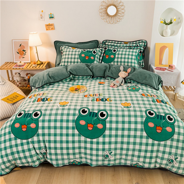 91家纺网 家纺一手货源 找家纺 琪格格纺织 2025新款A牛奶绒B兔兔绒保暖印花四件套 牛奶绒泡泡蛙一