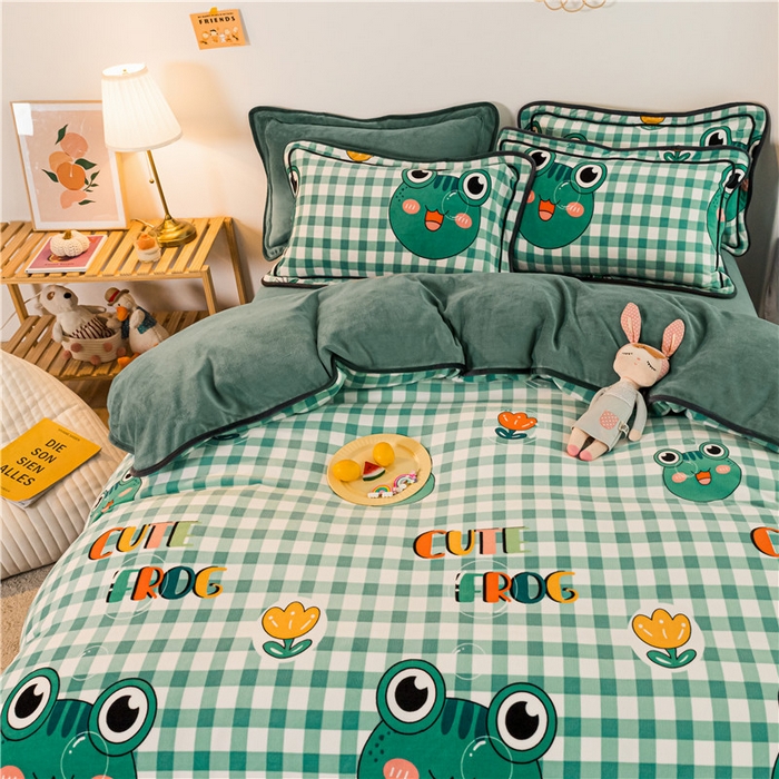 91家纺网 家纺一手货源 找家纺 琪格格纺织 2025新款A牛奶绒B兔兔绒保暖印花四件套 牛奶绒泡泡蛙一