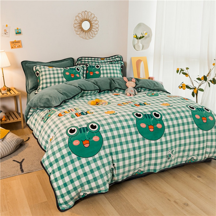 91家纺网 家纺一手货源 找家纺 琪格格纺织 2025新款A牛奶绒B兔兔绒保暖印花四件套 牛奶绒泡泡蛙一