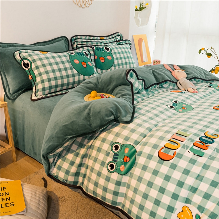 91家纺网 家纺一手货源 找家纺 琪格格纺织 2025新款A牛奶绒B兔兔绒保暖印花四件套 牛奶绒泡泡蛙一