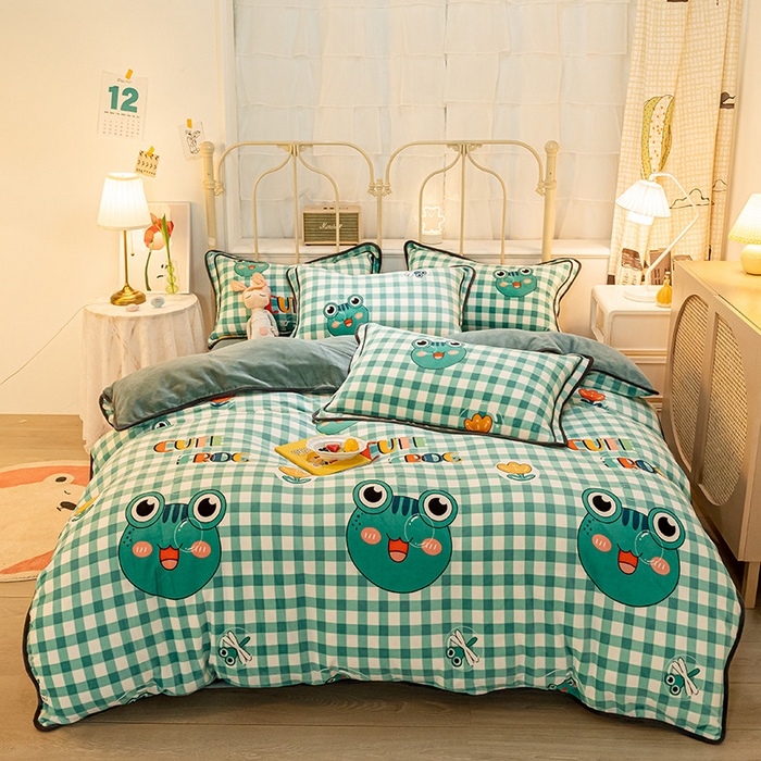 91家纺网 家纺一手货源 找家纺 琪格格纺织 2025新款A牛奶绒B兔兔绒保暖印花四件套 牛奶绒泡泡蛙二