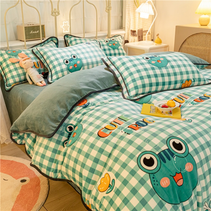 91家纺网 家纺一手货源 找家纺 琪格格纺织 2025新款A牛奶绒B兔兔绒保暖印花四件套 牛奶绒泡泡蛙二