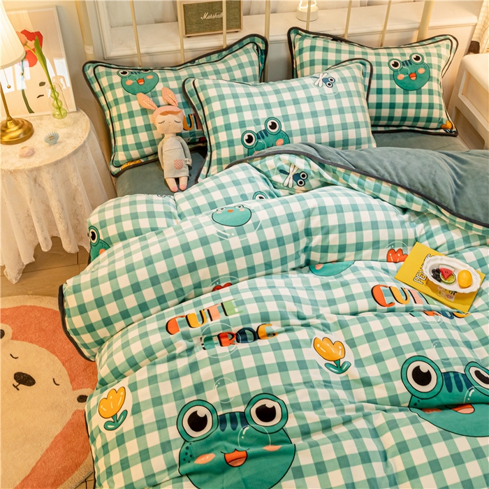 91家纺网 家纺一手货源 找家纺 琪格格纺织 2025新款A牛奶绒B兔兔绒保暖印花四件套 牛奶绒泡泡蛙二