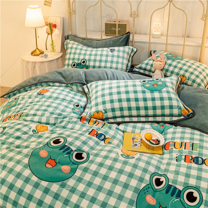 91家纺网 家纺一手货源 找家纺 琪格格纺织 2025新款A牛奶绒B兔兔绒保暖印花四件套 牛奶绒泡泡蛙二